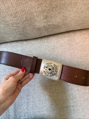 Y2K Moschino Brown Leather Belt with Silver Logo Buckle